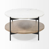 Oval White Marble Top And Black Metal Base Coffee Table W Wood Shelf