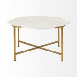 33" White And Gold Genuine Marble And Metal Hexagon Coffee Table