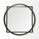 46" Round on Square Black Wood And Metal Frame Wall Mirror