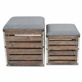 Set Of 2 Square Brown Linen Fabric And Wood Slats Storage Benches