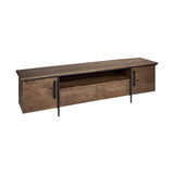 Medium Brown Mango Wood Finish TV Stand Media Console With 4 Doors And 2 Open Shelves
