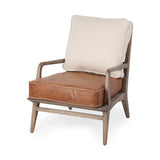 Brown Leather Seat Accent Chair With Off White Fabric