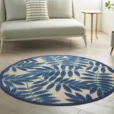 4' Round Blue And Ivory Round Floral Indoor Outdoor Area Rug