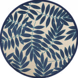 8' Round Blue And Ivory Round Floral Stain Resistant Indoor Outdoor Area Rug