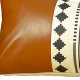 Geometric Patterns And Brown Faux Leather Lumbar Pillow Cover