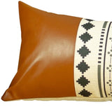 Geometric Patterns And Brown Faux Leather Lumbar Pillow Cover