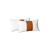 White And Brown Faux Leather Lumbar Pillow Cover