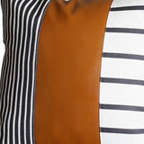 20" X 20" Black And White Stripes And Faux Leather Pillow Cover