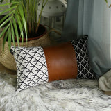 Set Of 2 Diamond Patterned And Brown Faux Leather Lumbar Pillow Covers