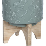 Leaf Pattern Green Planter With Wooden Base