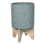 Leaf Pattern Green Planter With Wooden Base