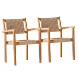 22" Set of Two Natural Wood and Rattan Indoor Outdoor Dining Chairs