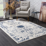 5’ X 8’ Navy Blue Distressed Floral Area Rug