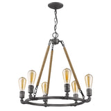 Grayson 6-Light Antique Gray Chandelier With Jute Wrapped Uprights