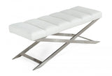 47" White and Silver Upholstered Faux Leather Dining Bench