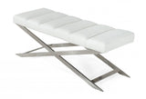 47" White and Silver Upholstered Faux Leather Dining Bench