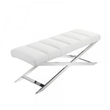 47" White and Silver Upholstered Faux Leather Dining Bench