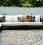 8' Round Gray And Ivory Round Southwestern Stain Resistant Indoor Outdoor Area Rug