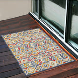 2' X 4' Ivory And Blue Southwestern Stain Resistant Indoor Outdoor Area Rug