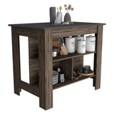 Dark Brown and Onyx Kitchen Island with Three Storage Shelves