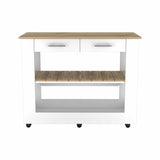 Light Oak and White Kitchen Island with Drawer Shelves and Casters