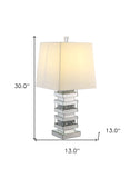 32" Mirrored Glass and Faux Crystal Table Lamp With White Square Shade