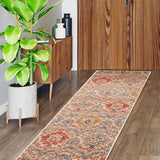 10' Ivory Orange And Gray Floral Stain Resistant Runner Rug