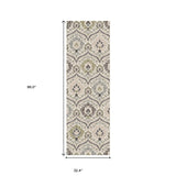 8' Ivory Gray And Olive Floral Stain Resistant Runner Rug