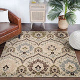 5' Round Ivory Gray And Olive Round Floral Stain Resistant Area Rug