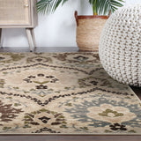 8' Square Ivory Gray And Olive Square Floral Stain Resistant Area Rug