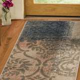 10' Beige Gray And Black Damask Distressed Stain Resistant Runner Rug