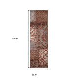 10' Navy And Salmon Damask Distressed Stain Resistant Runner Rug