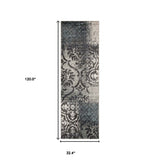 10' Rust And Gray Damask Distressed Stain Resistant Runner Rug