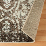 8' Tan And Brown Damask Distressed Stain Resistant Runner Rug