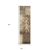 8' Tan And Brown Damask Distressed Stain Resistant Runner Rug