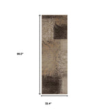 8' Tan And Brown Damask Distressed Stain Resistant Runner Rug