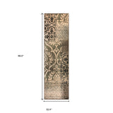 8' Ivory Light Blue Damask Distressed Stain Resistant Runner Rug