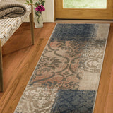 8' Navy And Salmon Damask Distressed Stain Resistant Runner Rug