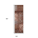 8' Navy And Salmon Damask Distressed Stain Resistant Runner Rug