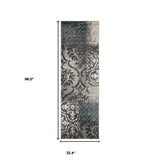 8' Rust And Gray Damask Distressed Stain Resistant Runner Rug