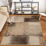 4' X 6' Tan And Brown Damask Distressed Stain Resistant Area Rug