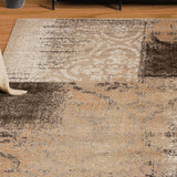 4' X 6' Beige Gray And Black Damask Distressed Stain Resistant Area Rug