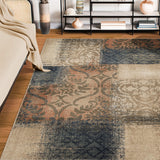 4' X 6' Ivory Light Blue Damask Distressed Stain Resistant Area Rug