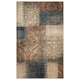 4' X 6' Navy And Salmon Damask Distressed Stain Resistant Area Rug