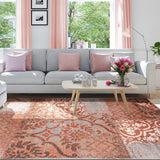 4' X 6' Navy And Salmon Damask Distressed Stain Resistant Area Rug