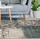 4' X 6' Teal And Gray Damask Distressed Stain Resistant Area Rug