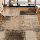 7' X 9' Beige Gray And Black Damask Distressed Stain Resistant Area Rug