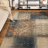 7' X 9' Beige Gray And Black Damask Distressed Stain Resistant Area Rug