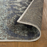 7' X 9' Teal And Gray Damask Distressed Stain Resistant Area Rug