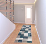 8' Teal And Gray Patchwork Power Loom Stain Resistant Runner Rug